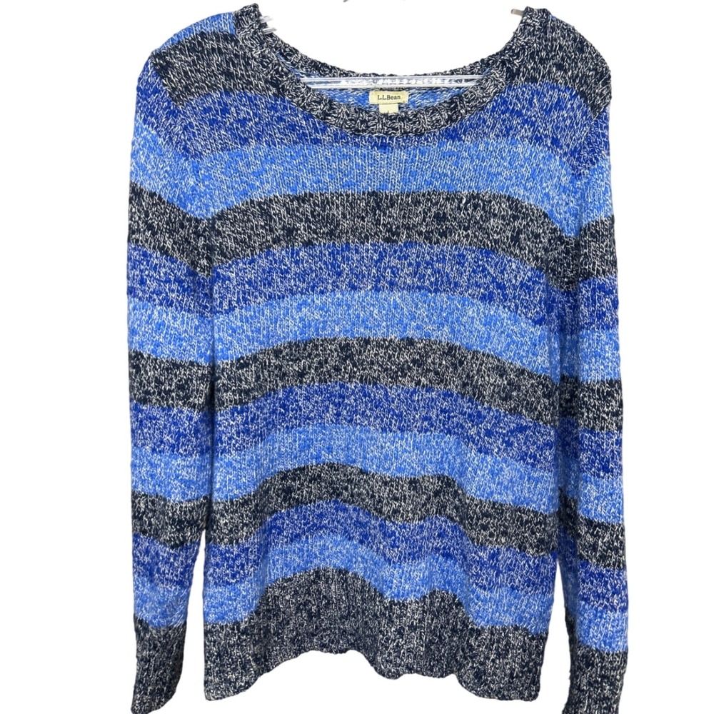 LL Bean Striped Size L Petite‎ Knit Sweater Pullover Blues Women